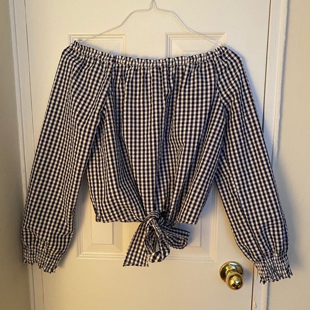 Plaid gingham off the shoulder blouse